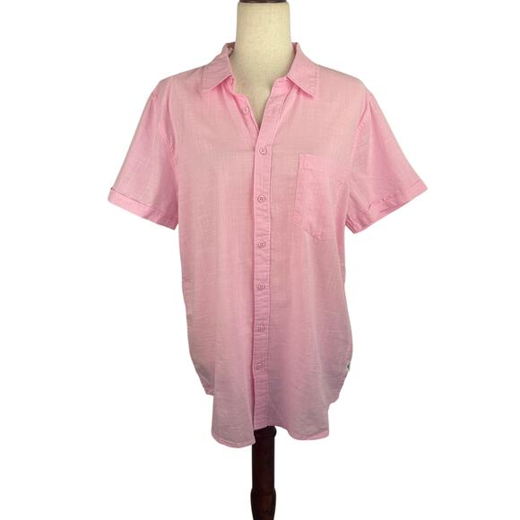 VINTAGE SUMMER SWIMWEAR COTTON BUTTON UP COLLARED SHIRT IN PINK NWT SIZE LARGE‎ - Picture 1 of 10
